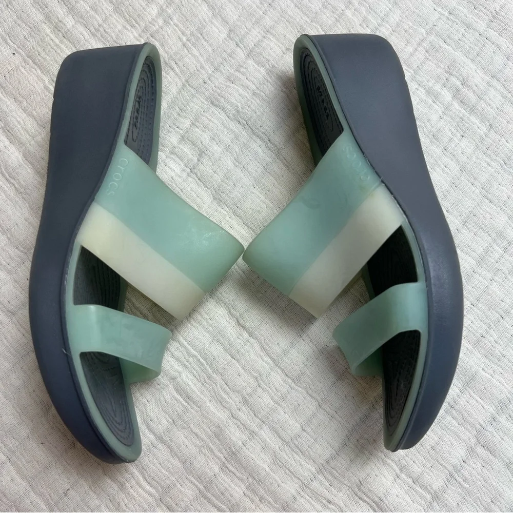 CROCS Sandals “Ciabatta” Wedge Heel Translucent Straps Teal/ Blue Women’s Size 7